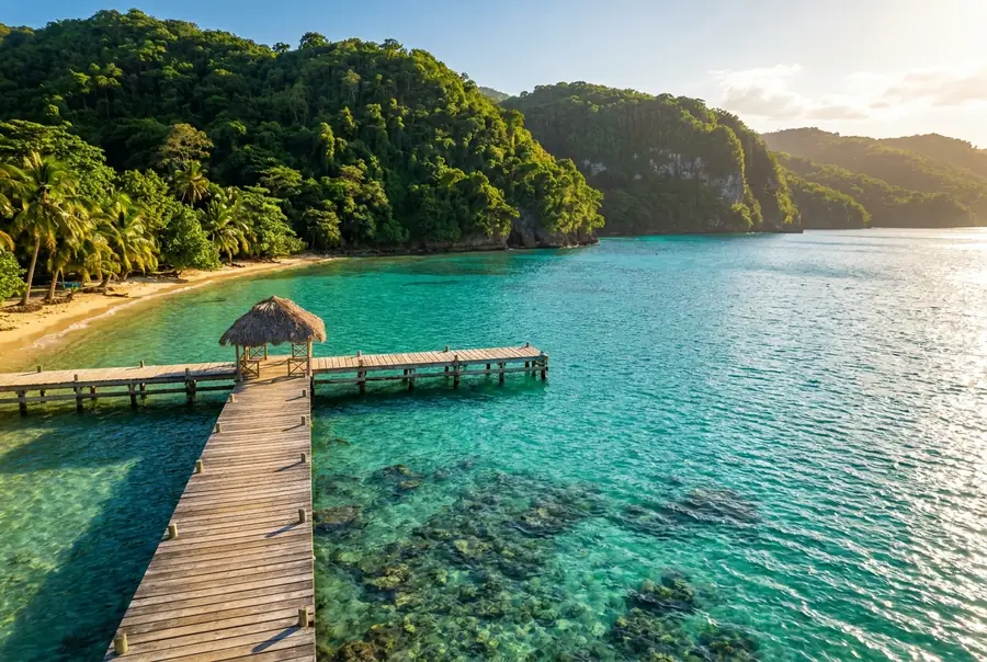 Jamaica coast with green hills meeting a turquoise sea