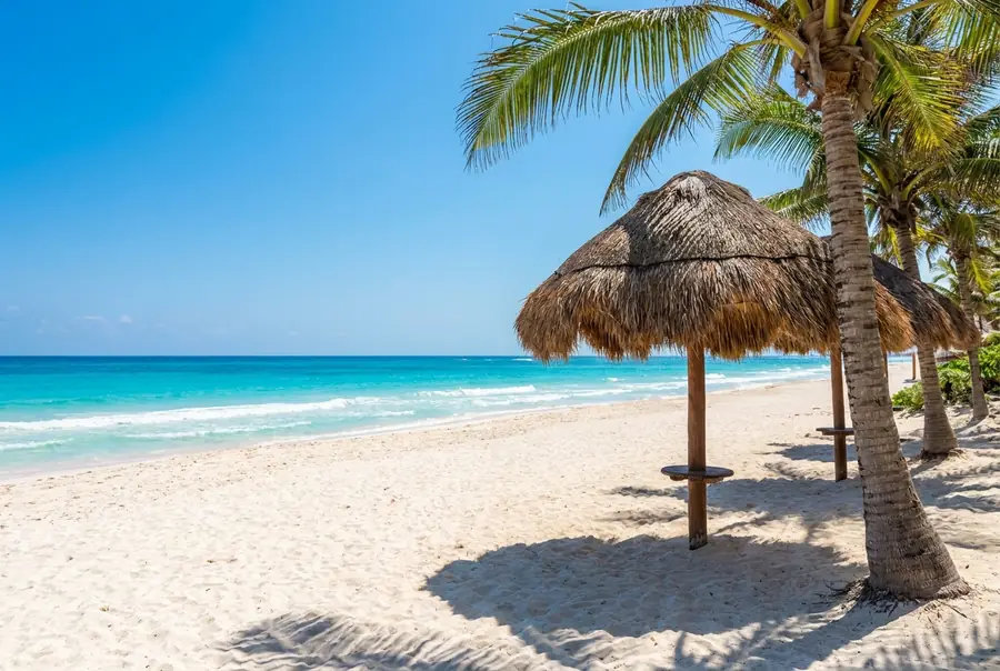 A Riviera Maya beach with turquoise water and palms