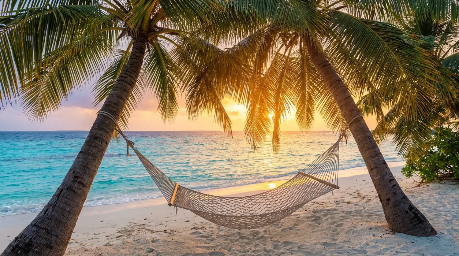 A hammock between two palm trees on a tropical beach at golden hour