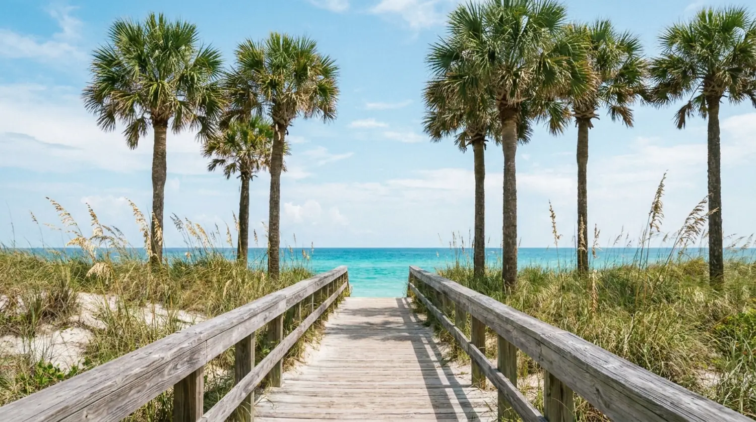 A wooden boardwalk through dunes leading to a turquoise sea