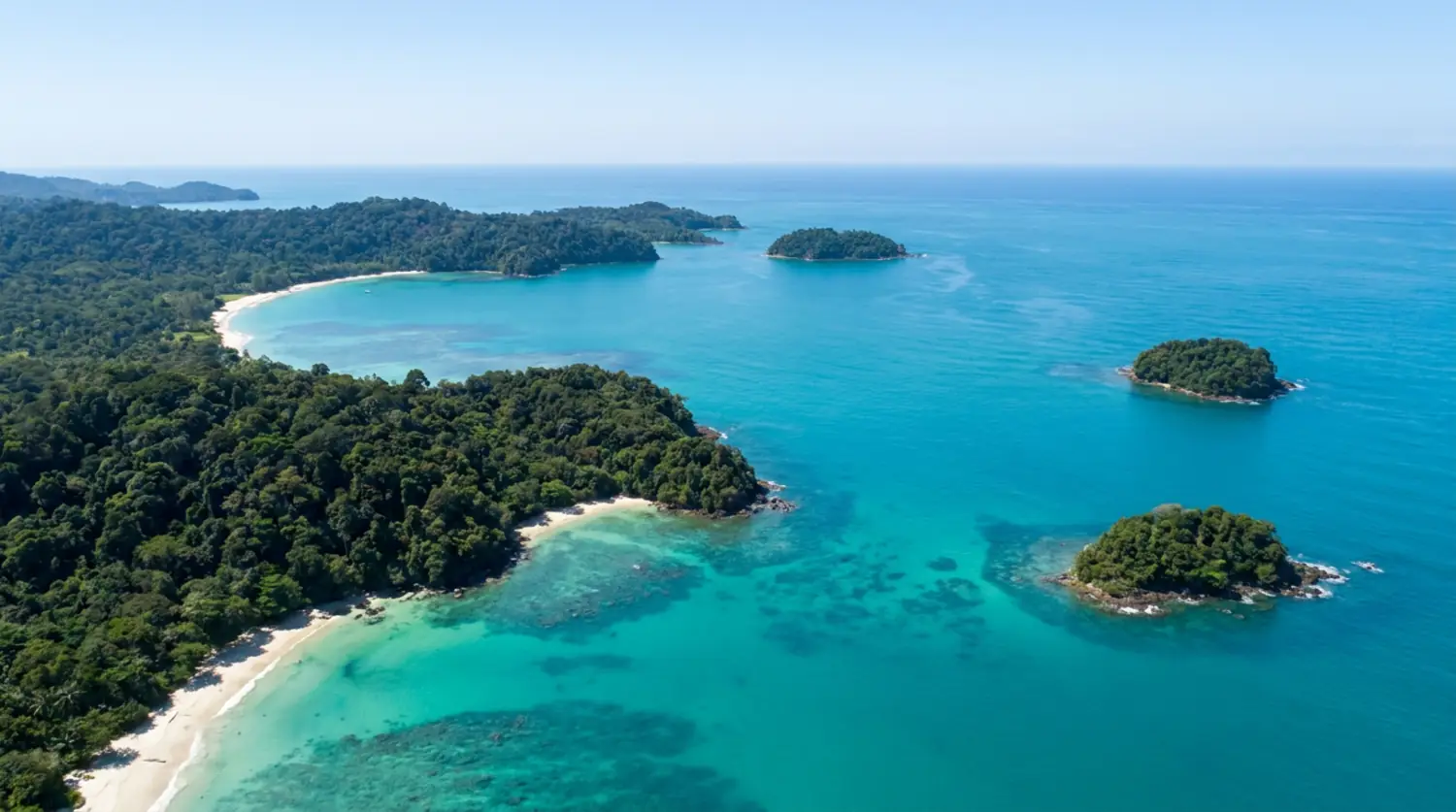 Aerial view of a tropical coastline with turquoise water and white sand beaches