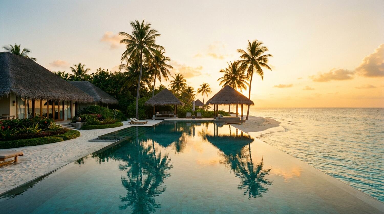 A luxury tropical beach resort at golden sunset with an infinity pool over turquoise ocean
