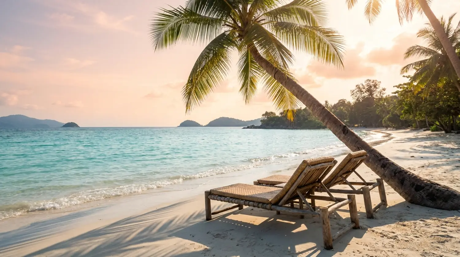 A calm tropical beach with two lounge chairs under a leaning palm at morning light
